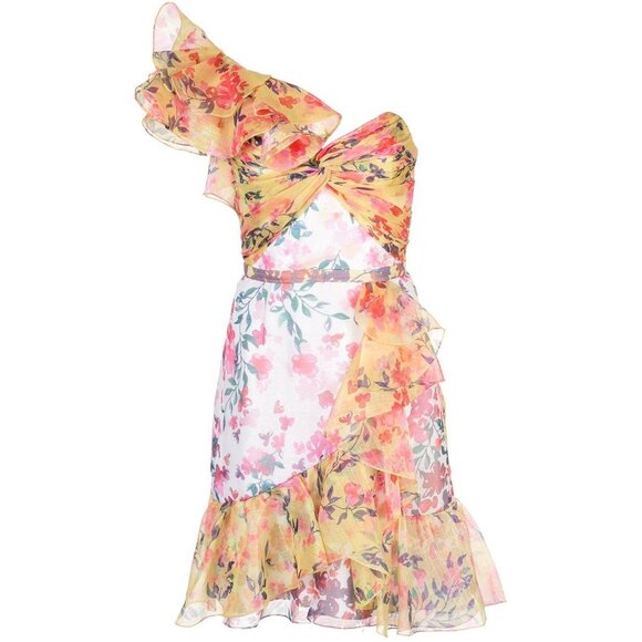 Marchesa Notte Floral Print Organza Mini Dress Ruffle One Shoulder 10 New $695 - Picture 6 of 6
